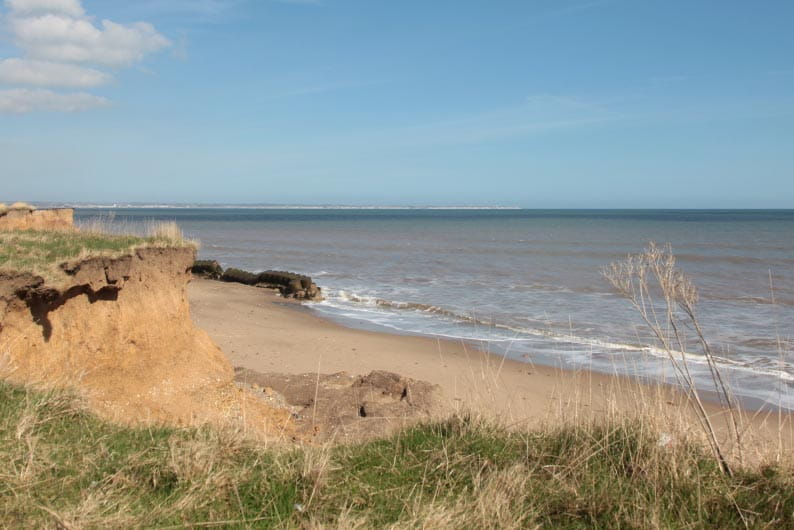 View of sandy beach and sea from low cliff top
