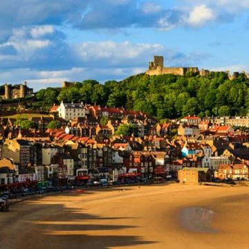 Cute historic coastal town with castle on hill surrounding by trees in the distance