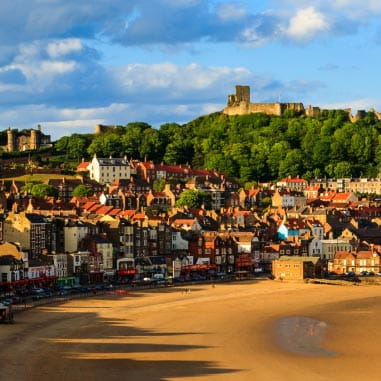 Cute historic coastal town with castle on hill surrounding by trees in the distance