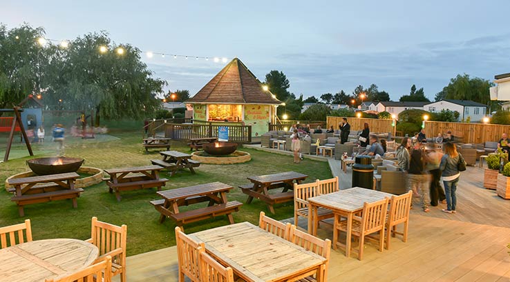 outdoor dining area at dusk