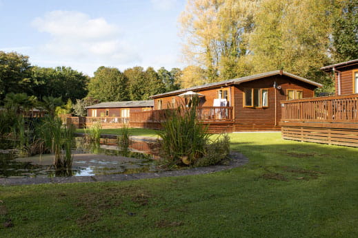 Wooden lodges set in green surroundings