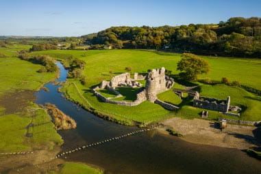 Bridgend castle set amongst green fields