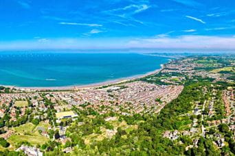 Arial view of Ty Mawr town and coast