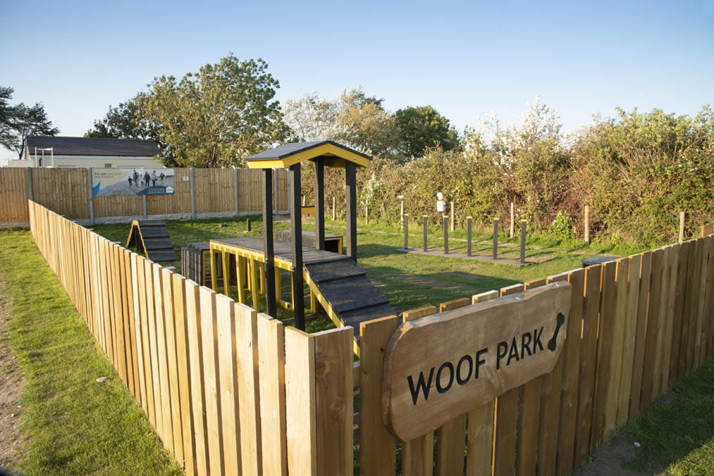 Exterior shot of the woof park with dog agility and ramps surrounded by fencing