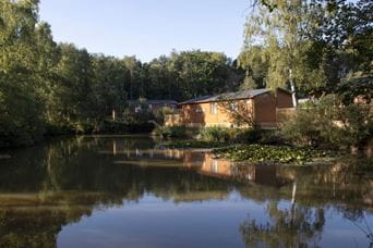 a lake and a lodge