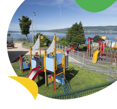 The outdoor adventure play area looking out to sea at Wemyss Bay Holiday Park