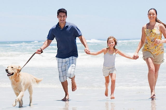 family holding hands and their dog running down the beach