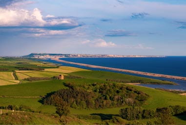Green fields and the sea on a sunny day