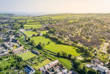A town surrounded by green countryside