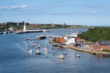 boats sailing past a town