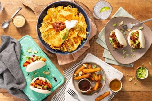 Birdseye view of food and drinks