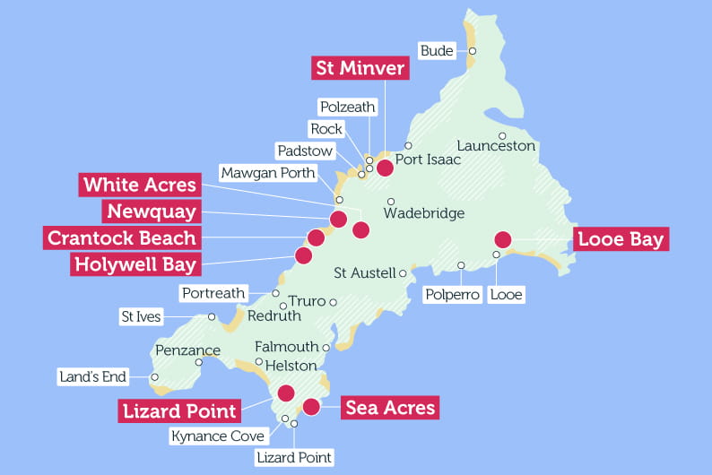 Map of Cornwall showing region areas of interest