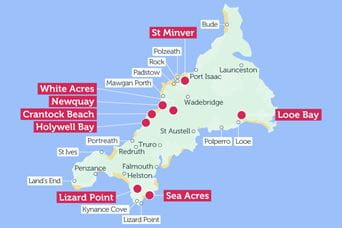 Map of Cornwall showing region areas of interest
