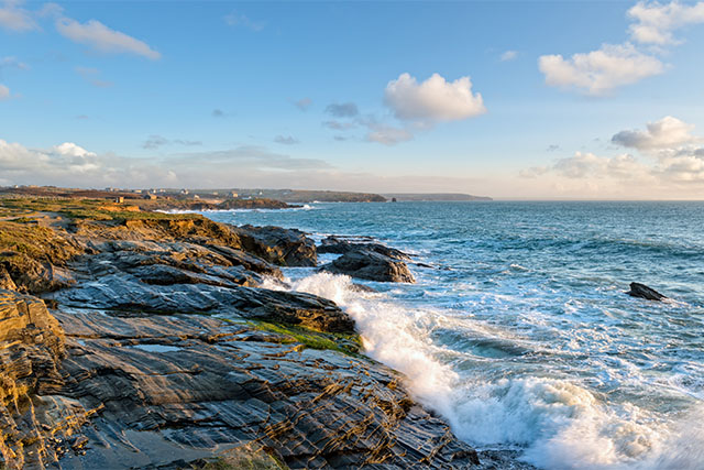 Waves crashing along the dramatic coastline near Trevose Head in Cornwall