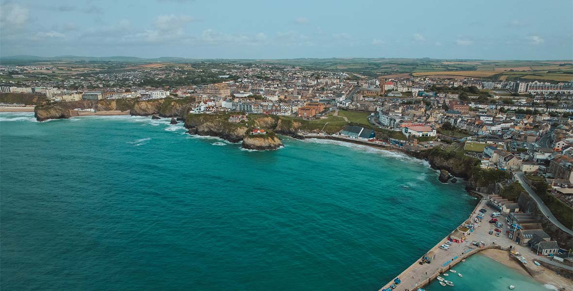 An aerial view over Newquay in Cornwall