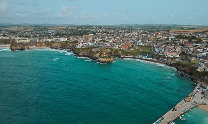 An aerial view over the town of Newquay in Cornwall