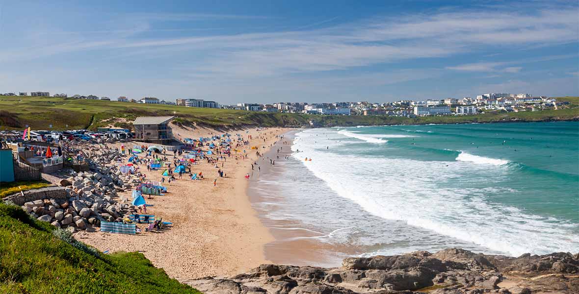 Summer crowds enjoying Fistral Beach in Newquay