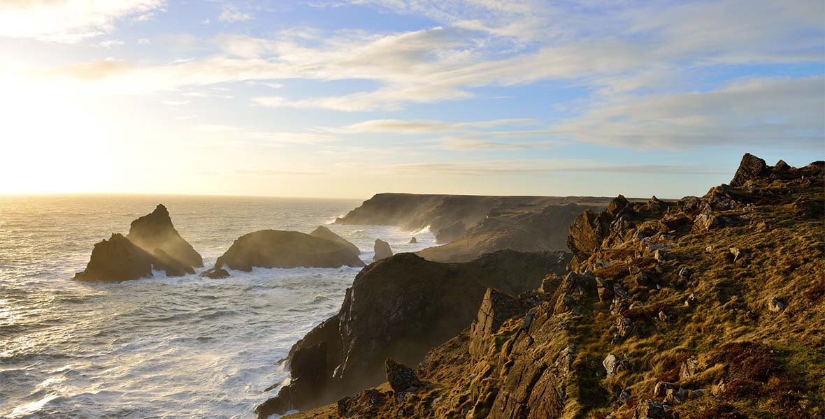 A view over the sea in Cornwall on a windy Autumn day