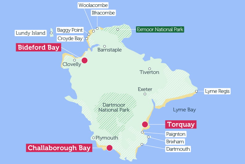 Map of Devon highlighting points of interest