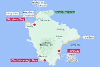 Map of Devon highlighting points of interest
