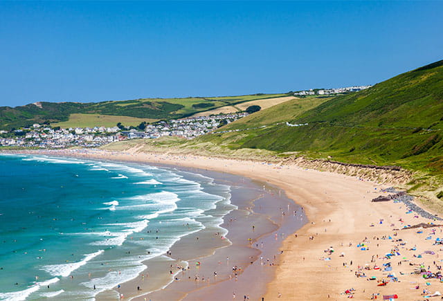 A beach in Devon on a sunny summer day