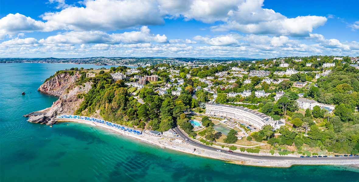 An aerial view over colourful Torquay in Devon on a sunny day