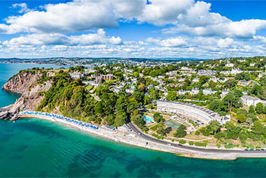 An aerial view over colourful Torquay in Devon on a sunny day