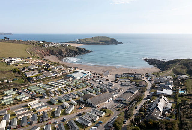 An aerial view over Challaborough Bay Holiday Park on Devon's south coast