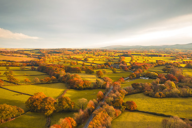 An aerial view over Devon's countryside showing an autumnal landscape