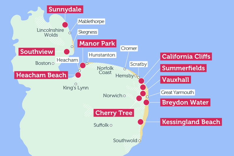Map of East Anglia and Lincolnshire highlighting iconic landmarks