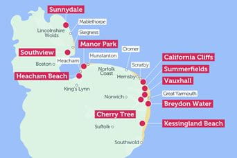 Map of East Anglia and Lincolnshire highlighting iconic landmarks
