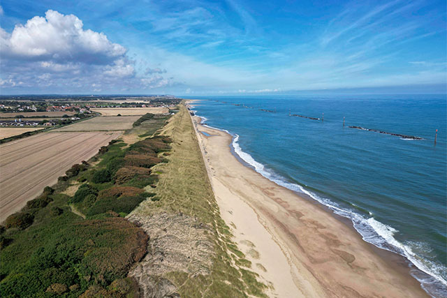 An aerial view over Waxham Beach in Norfolk