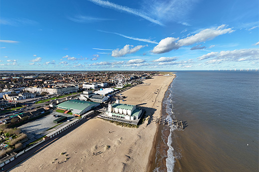 An aerial view over Great Yarmouth Beach and pier