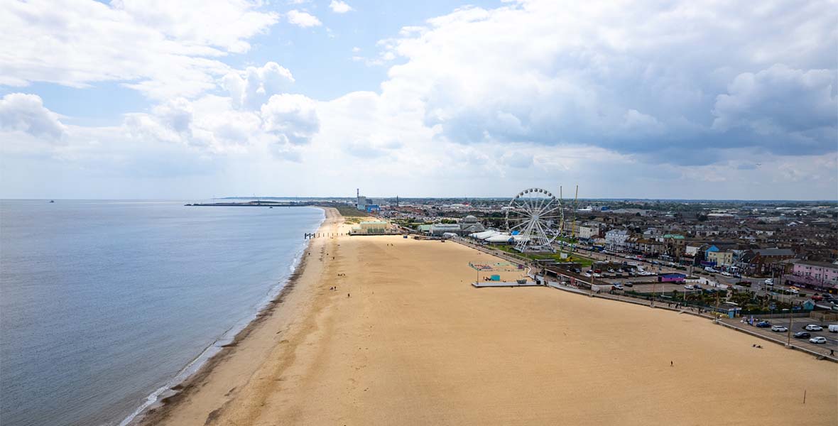 An aerial view over Great Yarmouth Beach in Norfolk on an autumn day