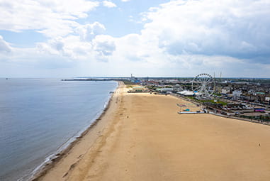 An aerial view over Great Yarmouth Beach in Norfolk on an autumn day