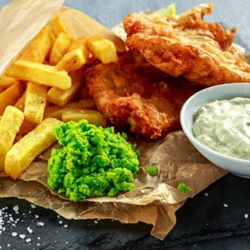 fish and chips with mushy peas and tartare sauce