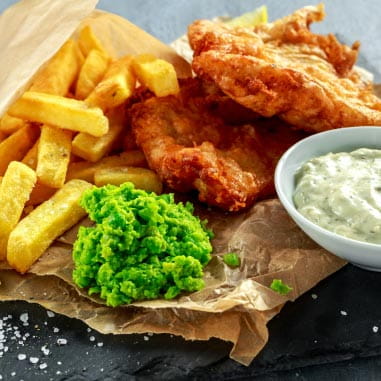 fish and chips with mushy peas and tartare sauce