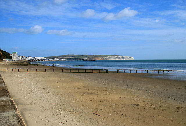 A beach on the Isle of Wight on a bright spring day
