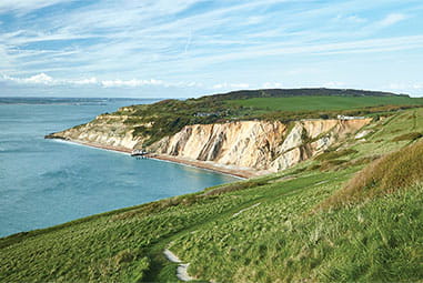 A view over the grassy coastline and white cliffs of the Isle of Wight on a summer day