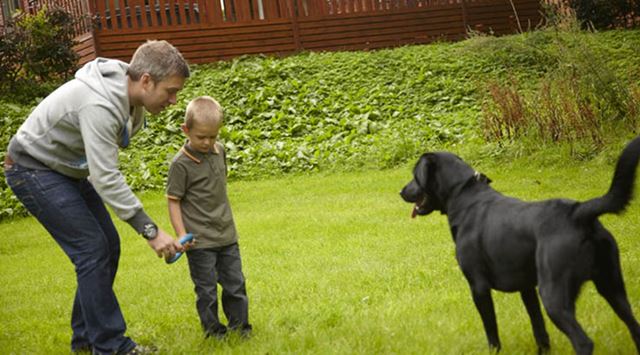 A father and son playing with their dog on park