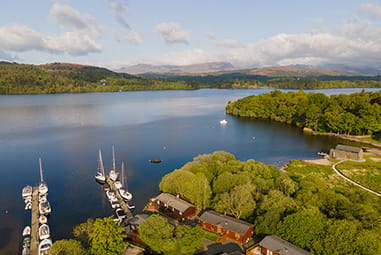 Sailing boats on a jetty overlooking Windermere in the Lake District