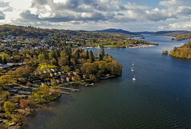 An aerial view over Bowness on Lake Windermere