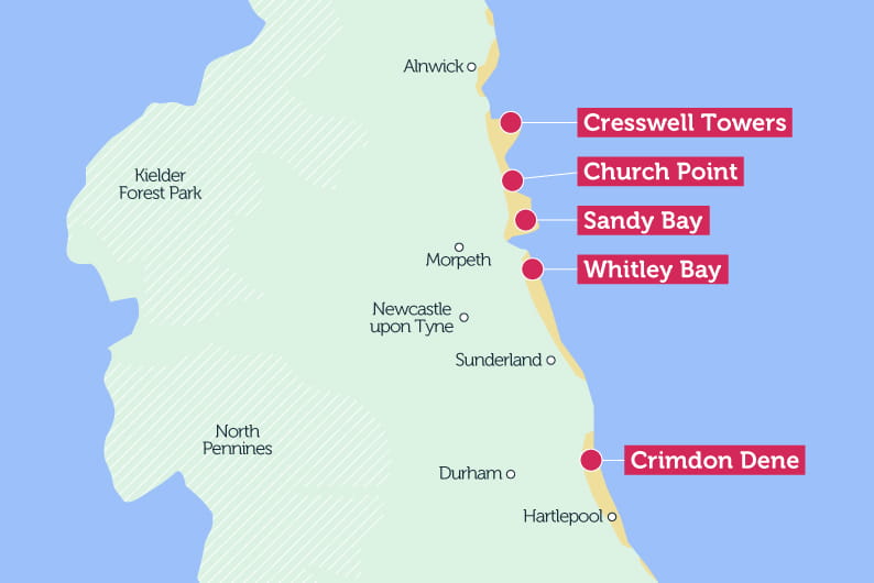 Map of iconic landmarks in Northumberland and County Durham
