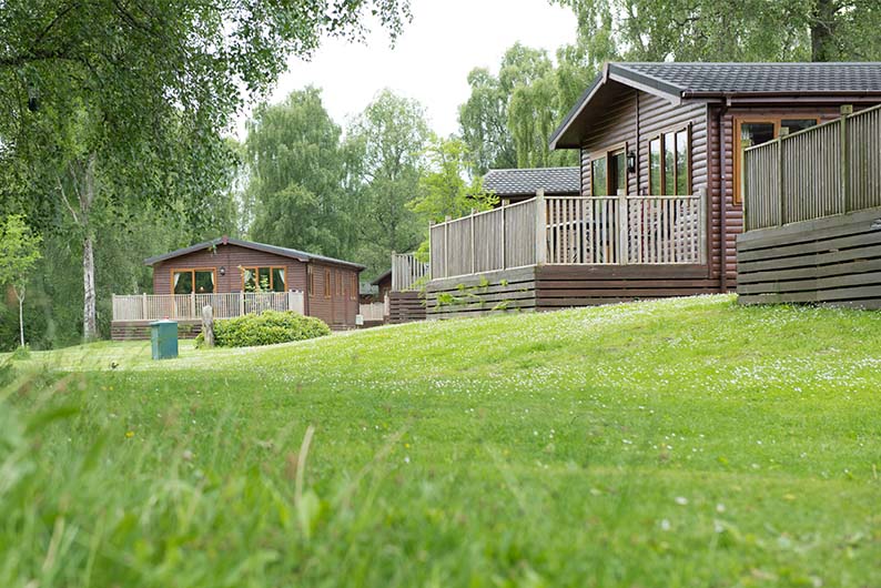 Luxury lodges set amongst the trees at a holiday park in Scotland