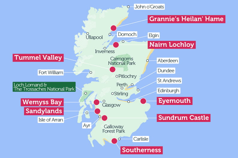 Map of Scotland highlighting iconic landmarks and Parkdean holiday parks