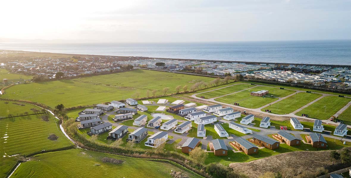 An aerial view over a caravan park on the North Wales coast 