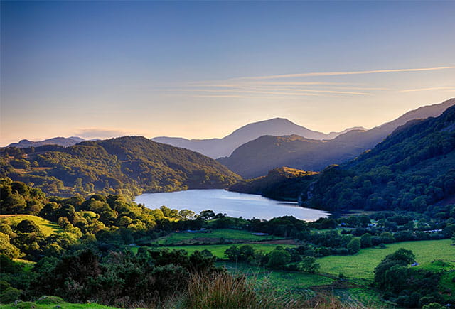 A view over the mountains of Snowdonia National Park at sunset