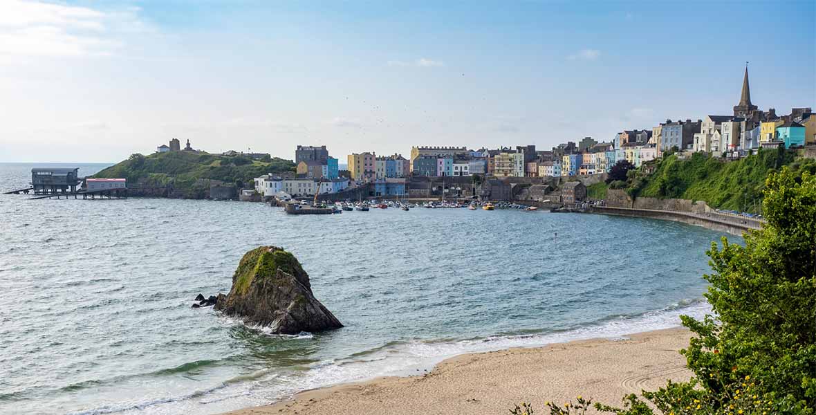 A bright autumn day looking over the bay towards Tenby in Wales