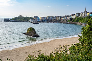 A bright autumn day looking over the bay towards Tenby in Wales