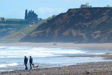 Couple walking along Sandsend with dog